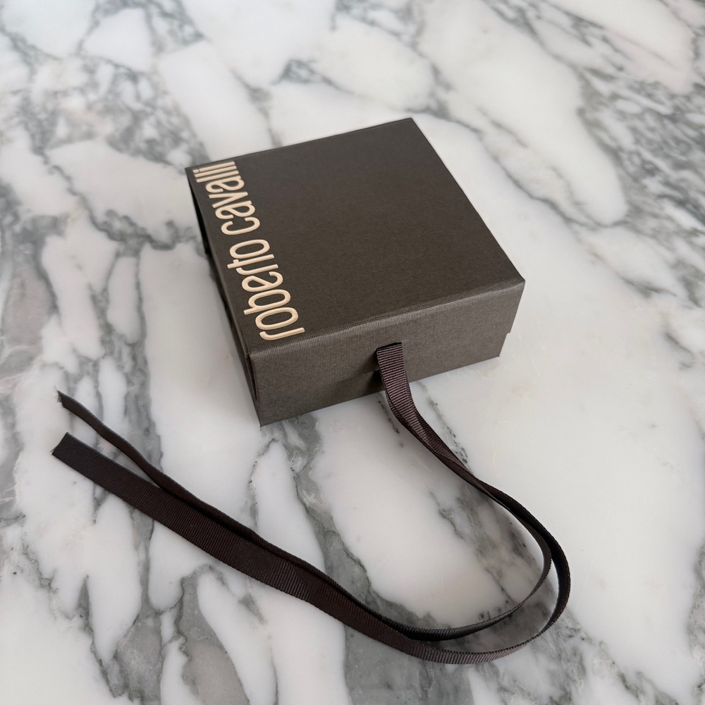 Roberto Cavalli Brown Textured Square Gift Box with Gold Logo and Ribbon Pull